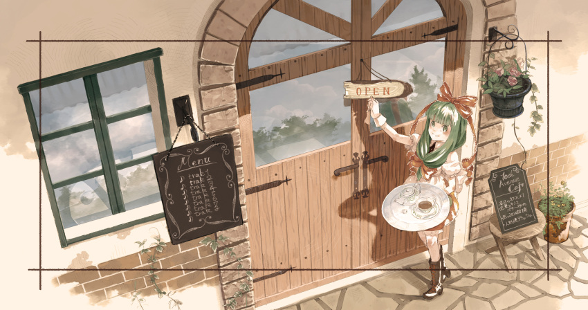 apron boots bow cosmic_(crownclowncosmic) cup door dress flower frills front_ponytail gloves green_eyes green_hair hair_bow hair_ornament hair_ribbon highres kagiyama_hina long_hair menu ribbon rose saucer smile solo stool teacup teapot touhou tray window