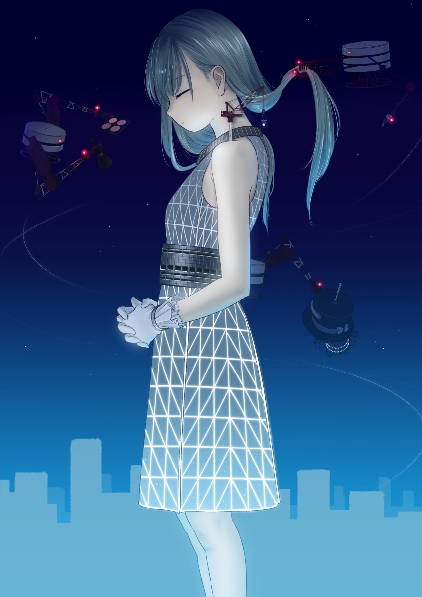 absurdres aqua_hair closed_eyes dress eyes_closed giantess gloves hands_clasped hatsune_miku highres solo tokyo_sky_tree urbandusk vocaloid