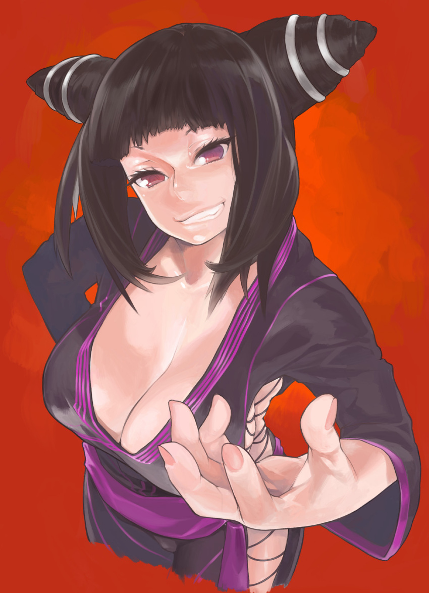alternate_costume black_hair breasts cleavage from_above grin han_juri hands head_tilt highres large_breasts megumi_yakiniku nail_polish outstretched_hand perspective purple_eyes side_slit smile solo street_fighter street_fighter_iv super_street_fighter_iv twintails violet_eyes