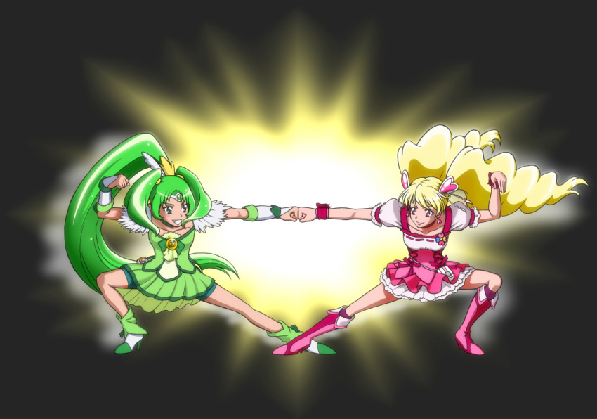 blonde_hair clenched_hands cure_march cure_peach fist_bump fresh_precure! g_gundam green_hair gundam magical_girl midorikawa_nao momozono_love multiple_girls parody ponytail precure sabamiso smile_precure! twintails