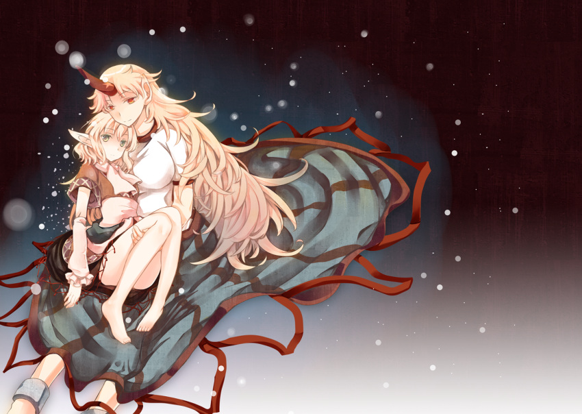 ankle_cuffs arm_warmers atoki bare_legs barefoot blonde_hair breasts carrying green_eyes horn hoshiguma_yuugi large_breasts light_particles lights long_hair long_skirt mizuhashi_parsee multiple_girls pointy_ears princess_carry red_eyes sash scarf shirt short_hair skirt smile standing touhou