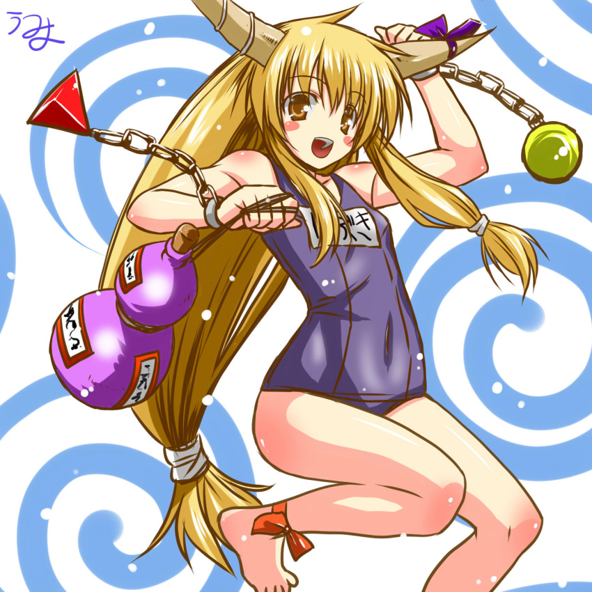 ankle_ribbon bare_shoulders barefoot blonde_hair blush_stickers brown_eyes chain chains flat_chest gourd highres horn_bow horns ibuki_suika long_hair long_hair_tied_low low-tied_long_hair navel one-piece_swimsuit open_mouth payot school_swimsuit scrunchie solo swimsuit touhou umyonge_(lkakeu)