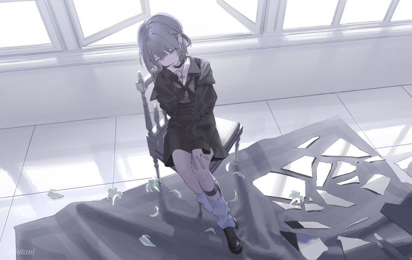1girl black_choker black_shoes black_skirt broken_mirror choker commentary commission earrings flower from_above full_body gaiters grey_hair hand_on_own_knee hand_to_own_mouth head_tilt highres indoors jewelry looking_at_viewer mirror one_side_up open_window original paid_reward_available petals shoes short_hair signature single_off_shoulder siotanikun sitting skirt sleeves_past_wrists solo tile_floor tiles violet_eyes white_flower white_petals window
