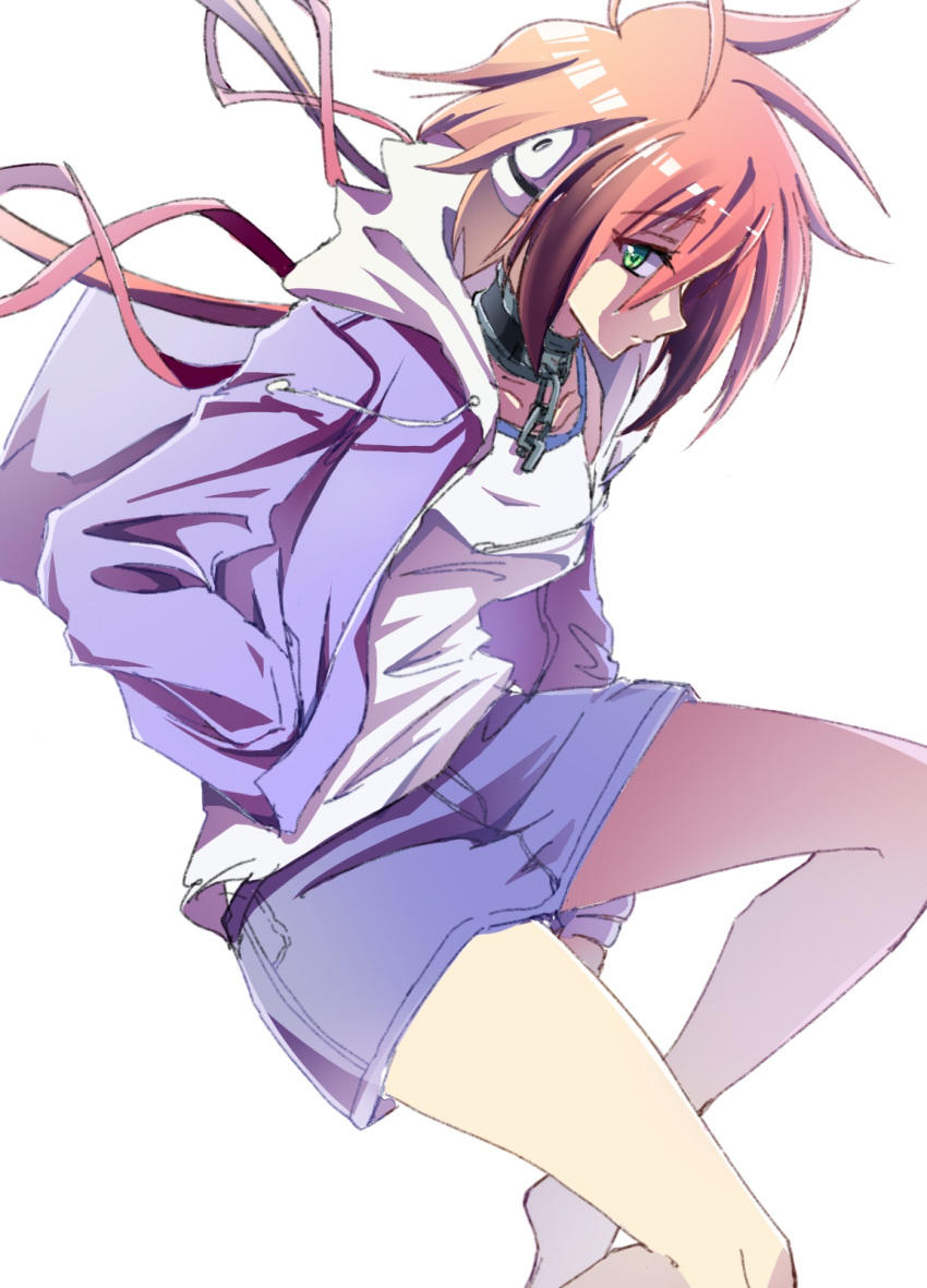 1girl barefoot black_streaks blue_jacket blue_shorts breasts chain closed_mouth collar commentary_request drawstring gradient_hair green_eyes hands_in_pockets highres hood hood_down hooded_jacket ikamochi_kalong ikaros jacket long_hair long_sleeves looking_at_viewer low_twintails medium_breasts metal_collar multicolored_hair open_clothes open_jacket pink_hair profile robot_ears shirt shorts sideways_glance simple_background solo sora_no_otoshimono streaked_hair twintails white_background white_shirt