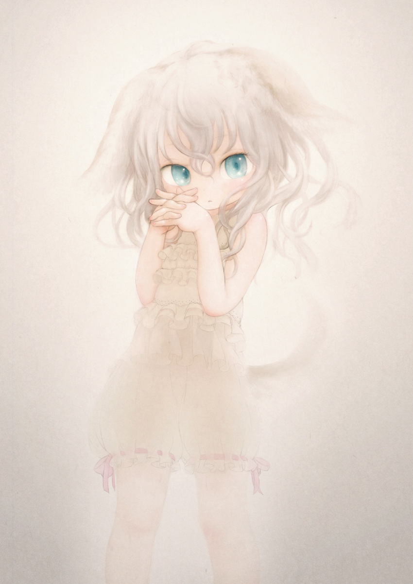 absurdres animal_ears bloomers blue_eyes chemise child copyright_request feral_lemma frilled_panties frills highres interlocked_fingers messy_hair panties short_hair soft_focus tail underwear