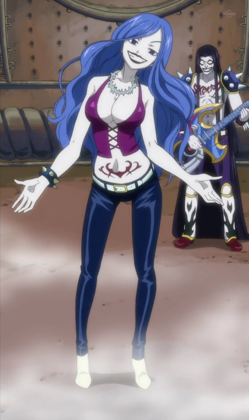 blue_eyes blue_hair breasts cap cleavage fairy_tail grin juvia_loxar lipstick smile spiked_bracelet stitched