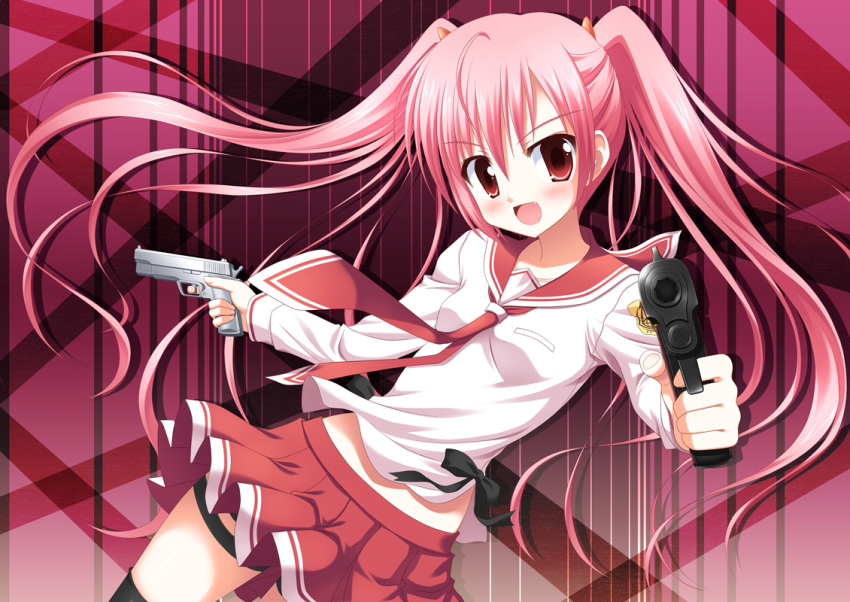blush gun hidan_no_aria kanzaki_h_aria long_hair pink_hair red_eyes school_uniform seifuku smile twintails weapon