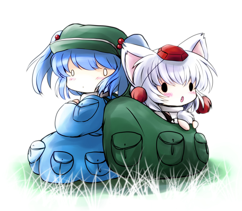 backpack bag blue_hair chibi detached_sleeves hair_bobbles hair_ornament hat highres inubashiri_momiji kawashiro_nitori short_hair tokin_hat touhou twintails white_hair wolf_ears yume_shokunin