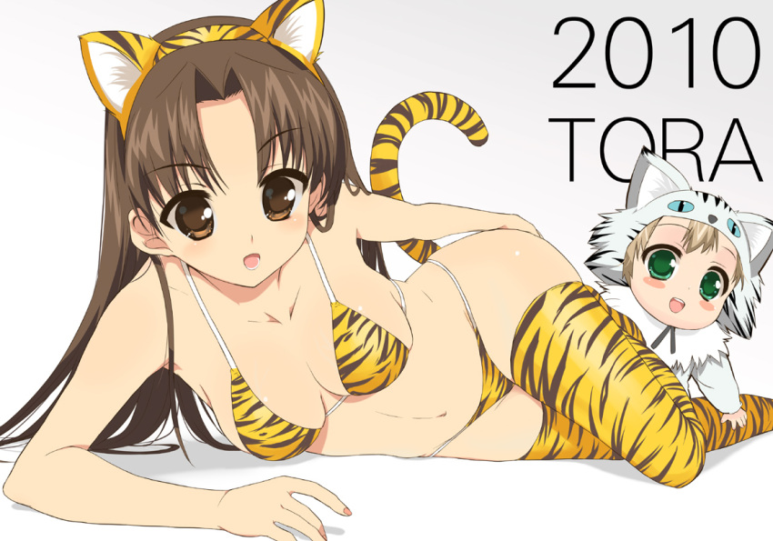 animal_costume animal_ears arm_support asahi_(baby_princess) baby baby_princess bikini brown_hair child hikaru_(baby_princess) kusaka kusaka_souji long_hair nail_polish navel new_year on_side original swimsuit tail thigh-highs thighhighs tiger_costume tiger_ears tiger_print