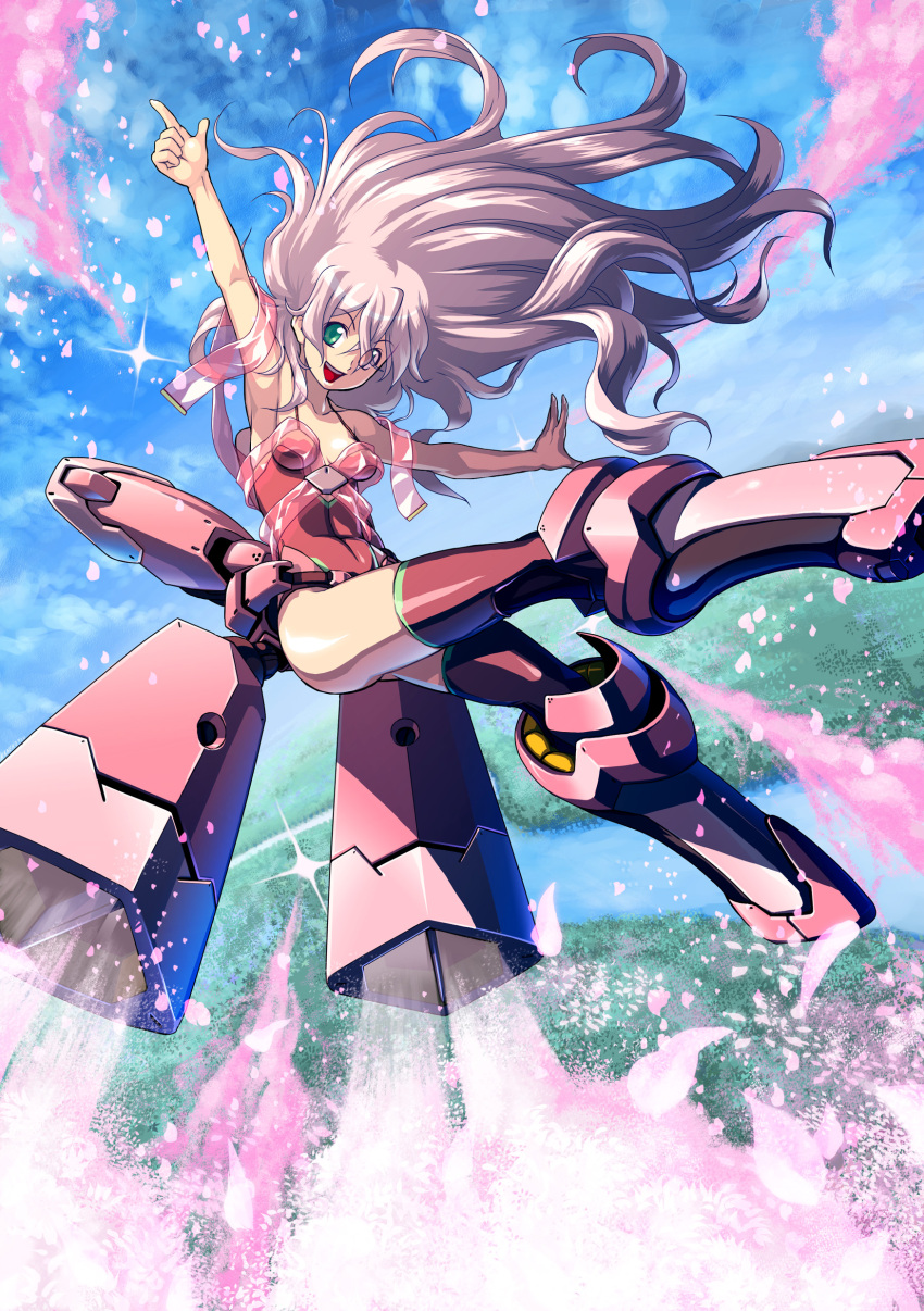 armpits blonde_hair breasts cherry_blossoms flying green_eyes heihokon highres kamina_pose kaneko_tsukasa long_hair mecha mecha_musume original outstretched_arms petals pointing pointing_up see-through sky solo spread_arms thigh-highs thighhighs thrusters