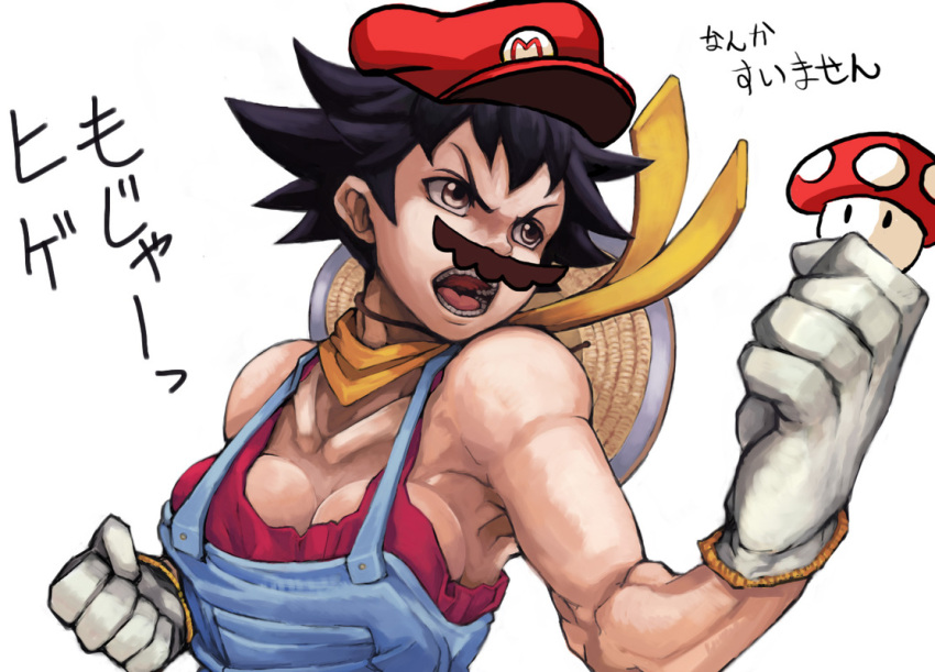 1up alternate_costume breasts cleavage collarbone facial_hair fake_mustache makoto muscle mushroom mustache parody scarf short_hair solo street_fighter street_fighter_iv super_mario_bros. teruki