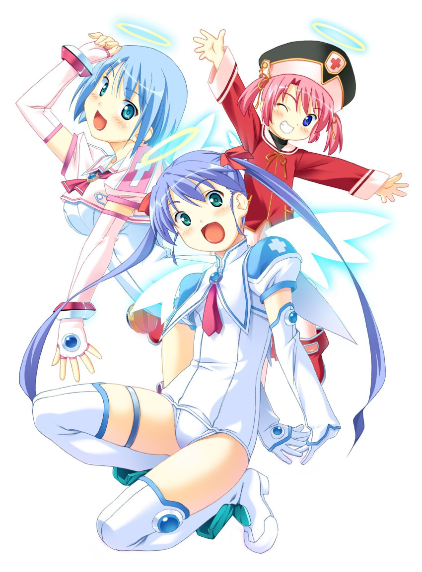 :d angel aqua_eyes arm_up arms_behind_back blue_eyes blue_hair blush boots breasts brooch child crop_top elbow_gloves fingerless_gloves flat_chest gloves green_eyes grin hair_ribbon halo hat highres jewelry jibril_(character) jibril_aries jinno_hikari kneeling kuuchuu_yousai large_breasts long_hair luvriel magical_girl makai_tenshi_jibril makai_tenshi_jibril_2 manabe_rika multiple_girls necktie official_art one-piece_swimsuit open_mouth outstretched_arms pink_hair ribbon school_swimsuit school_uniform serafuku short_hair short_twintails simple_background smile spread_arms swimsuit swimsuit_costume swimsuit_under_clothes thigh-highs thigh_boots thighhighs twintails very_long_hair white_legwear white_school_swimsuit wings wink