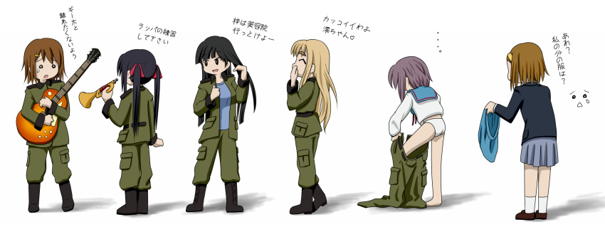 akiyama_mio bugle cosplay crossover filicia_heideman filicia_heideman_(cosplay) guitar highres hirasawa_yui instrument k-on! kannagi_noel kannagi_noel_(cosplay) kazumiya_rio kazumiya_rio_(cosplay) kotobuki_tsumugi military military_uniform nagato_yuki nakano_azusa parody sora_no_woto sorami_kanata sorami_kanata_(cosplay) suminoya_kureha suminoya_kureha_(cosplay) suzumiya_haruhi_no_yuuutsu tainaka_ritsu translated trumpet uniform yasutake