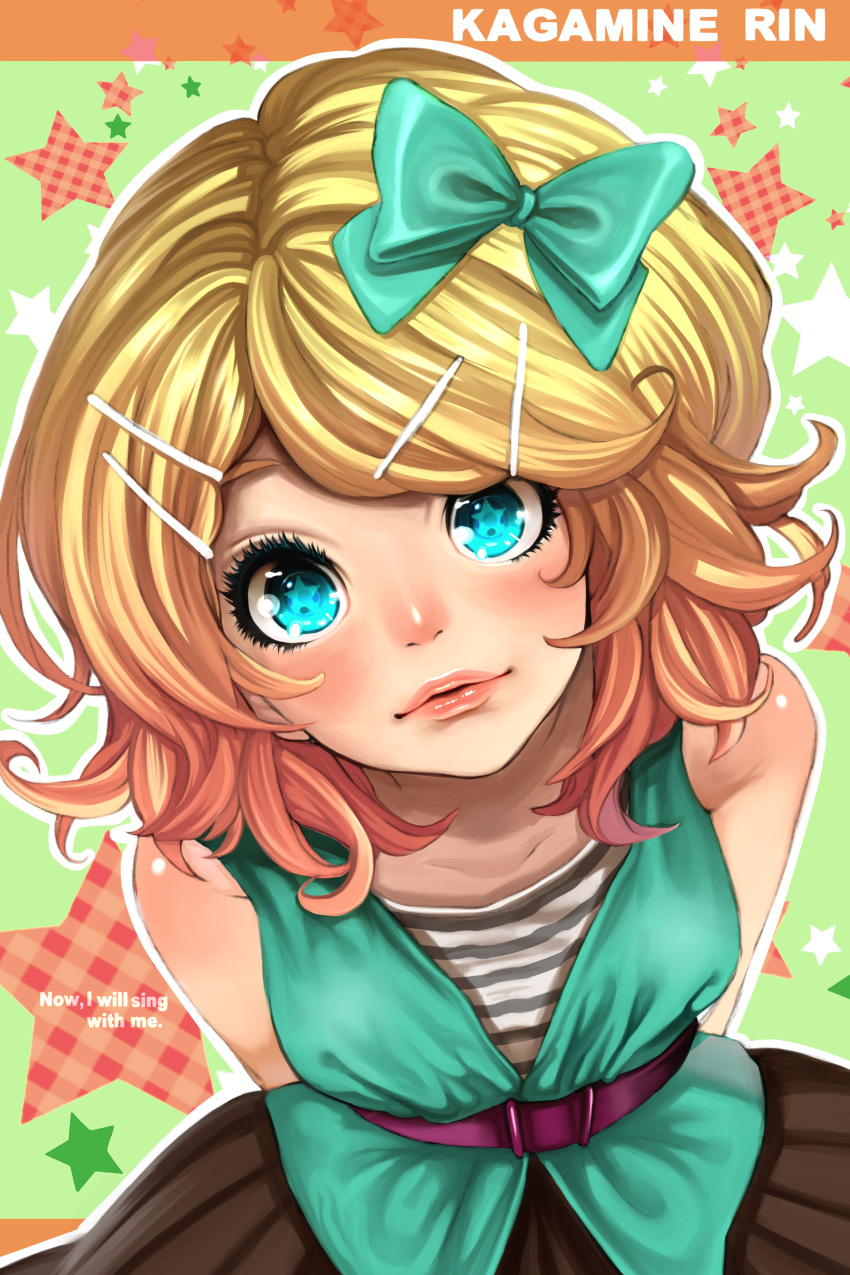 absurdres aqua_eyes bent_over blonde_hair bow casual engrish face hair_bow hair_ornament hair_ribbon hairclip highres kagamine_rin lips minami_haruya ranguage ribbon short_hair star vocaloid