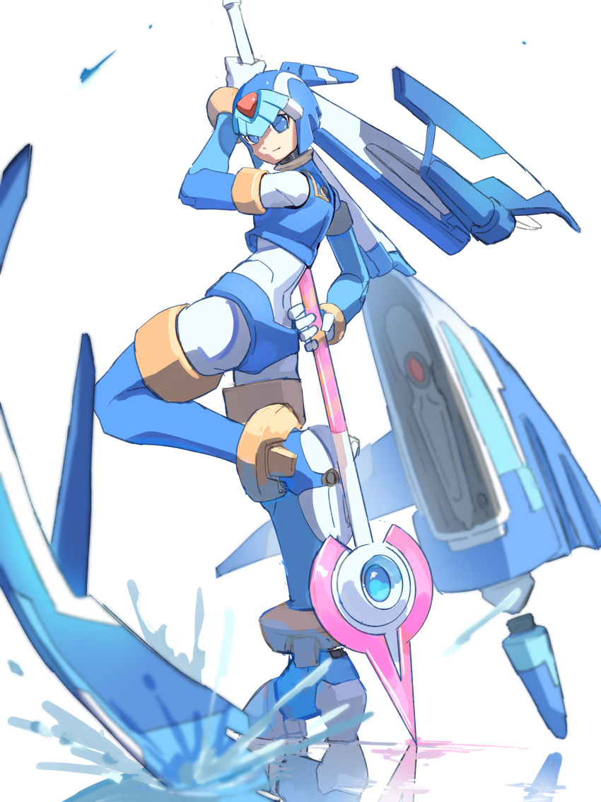 1girl absurdres armor blue_armor blue_eyes blue_helmet fairy_leviathan_(mega_man) fins forehead_jewel full_body head_fins helmet henshin highres holding holding_polearm holding_weapon mega_man_(series) mega_man_zero_(series) omochi_(mochi_skymega) polearm reflection simple_background solo spear standing standing_on_one_leg weapon white_background