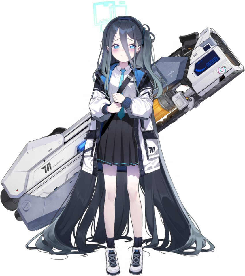 1girl absurdly_long_hair aris_(blue_archive) averting_eyes black_hair black_hairband black_skirt black_socks blue_archive blue_eyes blue_halo blue_necktie blush breast_pocket buttons clenched_hands closed_mouth clothes_writing coat collared_shirt cross-laced_shoes doremi_(doremi4704) english_text flat_chest full_body game_asset gun_sling hair_between_eyes hairband halo hands_up highres holding_strap large_variant_set long_hair long_hair_between_eyes long_sleeves looking_to_the_side miniskirt necktie official_art one_side_up open_clothes open_coat own_hands_together pale_skin pleated_skirt pocket railgun raised_inner_eyebrows ribbed_socks sad shirt shirt_tucked_in shoes sidelocks sideways_glance simple_background skirt sneakers socks solo split_mouth standing sticker tachi-e third-party_source tie_clip transparent_background variant_set very_long_hair white_coat white_shirt white_shoes zipper