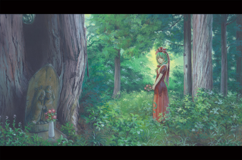 bouquet dress flower forest front_ponytail green_hair holding kagiyama_hina letterboxed long_hair miso_pan nature pov red_dress smile solo touhou tree
