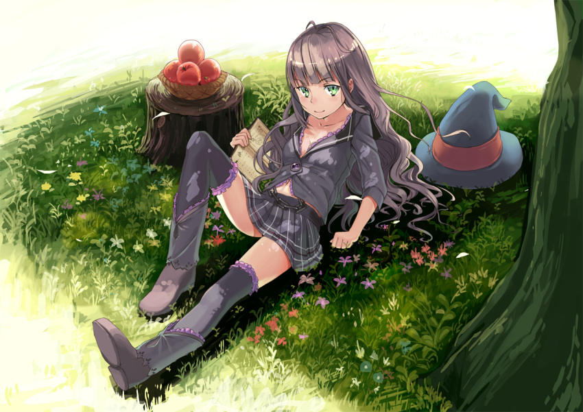 1girl apple book boots female food fruit grass green_eyes hat juu. lying navel original skirt solo stump thigh-highs thighhighs tree tree_stump witch_hat