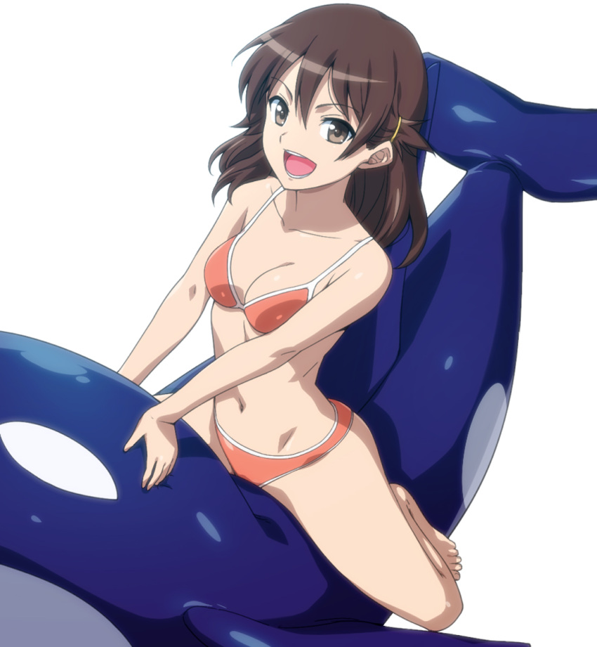 :d barefoot bikini breasts brown_eyes brown_hair cleavage hairu kyouno_madoka looking_at_viewer navel open_mouth rinne_no_lagrange simple_background sitting smile solo swimsuit whale white_background