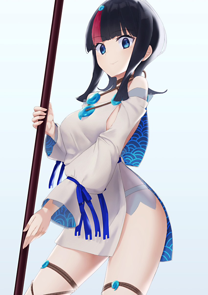 1girl bangs bare_shoulders black_hair blue_eyes blue_ribbon breasts collarbone dress fate/grand_order fate/requiem fate_(series) highres jewelry knightsaru large_breasts long_sleeves looking_at_viewer magatama magatama_hair_ornament magatama_necklace medium_hair multicolored_hair necklace pelvic_curtain pink_hair polearm puffy_long_sleeves puffy_sleeves ribbon short_dress sideboob sideless_outfit smile spear streaked_hair thighs utsumi_erise weapon white_dress