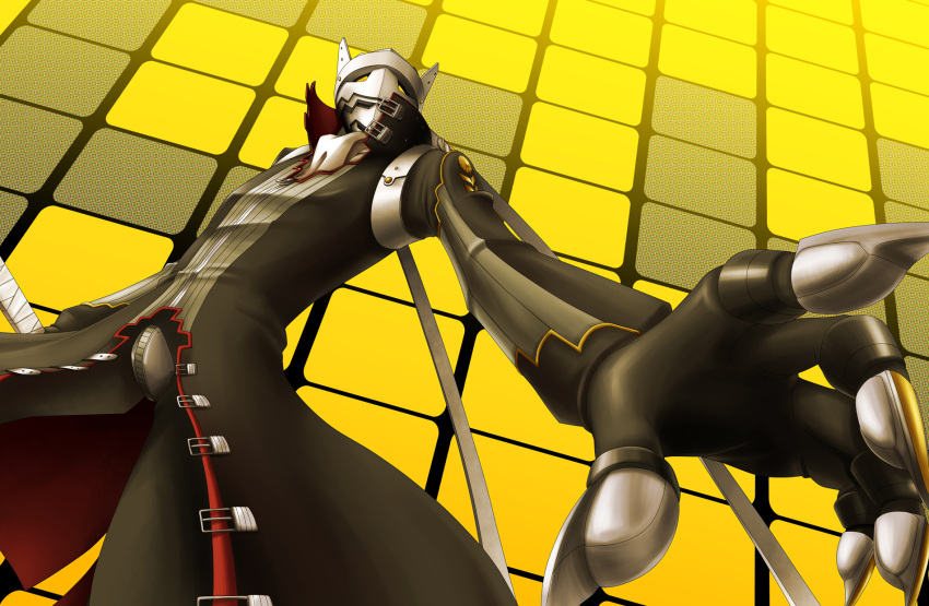 claws codpiece collar cravat from_below highres izanagi jacket looking_at_viewer looking_down male mask persona persona_4 perspective reaching solo yellow_eyes