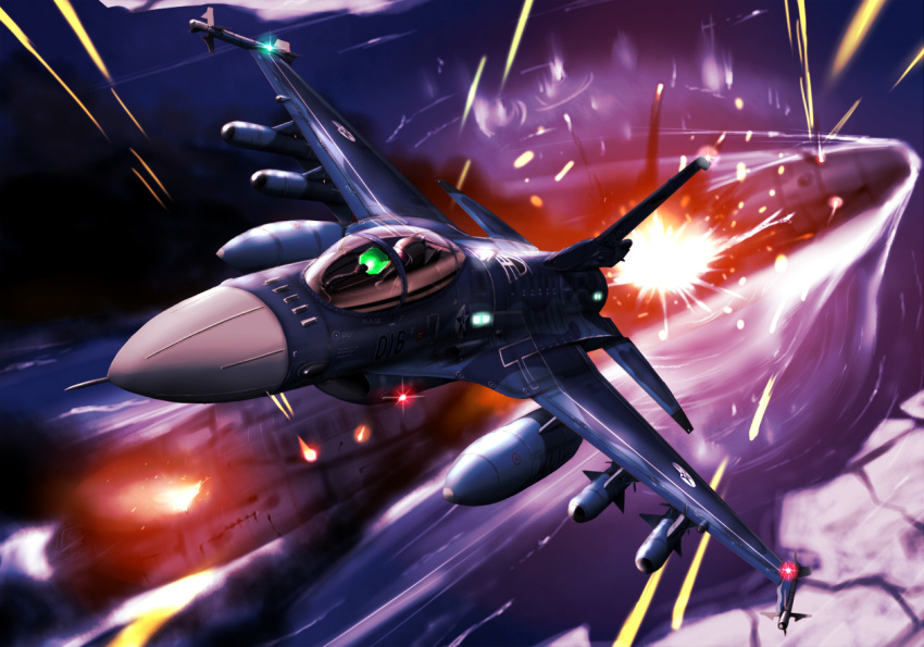 ace_combat_5 airplane battle drop drop_tank dutch_angle explosion f-2 fighter_jet flying hrimfaxi ice jet missile night night_sky ocean perspective pilot sky submarine tracer_bullets zephyr164