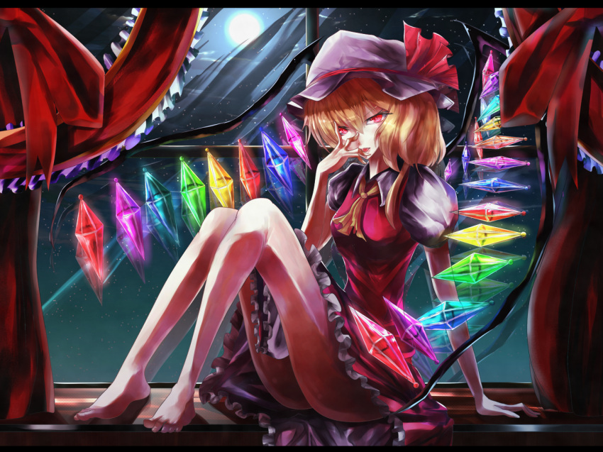 bad_id barefoot blonde_hair crystal curtains flandre_scarlet full_moon hand_on_own_face hat kaeasiro_nitori legs long_hair moon night night_sky red_eyes reflection side_ponytail sitting sky solo stare touhou window wings