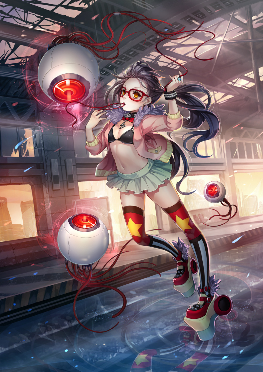 black_hair bra bracelet breasts brown_eyes cable cleavage eyeball glasses highres j.lili jacket jewelry long_hair mouth_hold navel necklace open_clothes open_jacket open_shirt original platform_footwear red-framed_glasses ring skirt sleeves_pushed_up solo thigh-highs thighhighs twintails underwear wheels wire