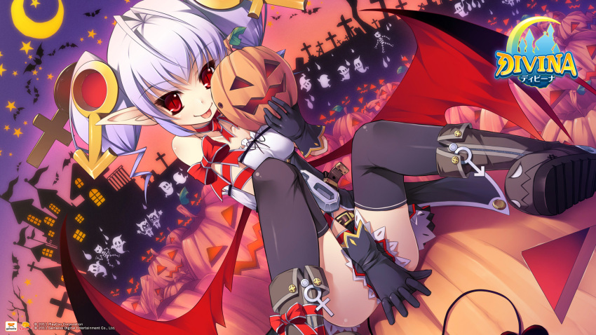 1920x1080 :p antenna_hair bare_shoulders bat_wings between_thighs black_gloves black_legwear boots demon_tail divina dutch_angle gloves hair_ornament halloween highres jack-o'-lantern jack-o'-lantern low_wings pointy_ears purple_hair red_eyes ribbon short_twintails sitting skirt slit_pupils solo spread_legs tail thigh-highs thighhighs thighs tongue twintails wallpaper wings