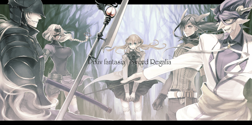 braid breasts forest grin helmet highres large_breasts nature nicole pixiv_fantasia pixiv_fantasia_5 pixiv_fantasia_sword_regalia pointy_ears polearm smile thighhighs tree weapon white_legwear