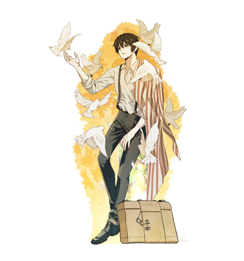 1boy bird black_eyes black_hair black_pants black_shoes collared_shirt commentary_request crow's_eye_view_(e.g.o) double-parted_bangs dove e.g.o_(project_moon) feathers flock flower hair_between_eyes hand_on_own_leg hand_up highres jacket jacket_on_shoulders knee_up knees_apart_feet_together korean_commentary limbus_company long_sleeves looking_ahead male_focus mangsug12_40 pants project_moon shirt shirt_tucked_in shoes short_hair solo striped_clothes striped_jacket suit_pants suitcase suspender_pants suspenders too_many too_many_birds white_bird white_feathers white_shirt yellow_flower yi_sang_(project_moon)