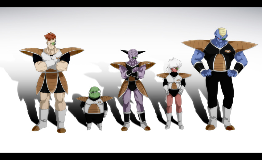 armor blue_skin boots brown_hair burter captain_ginyu crossed_arms dragon_ball dragon_ball_z dragonball_z ginyu_force gloves green_skin guldo hands_on_hips jeice letterboxed lineup long_hair looking_at_viewer looking_down looking_up multiple_boys purple_skin recoome red_eyes red_skin scouter shadow smile tansan_otoko white_hair wristband