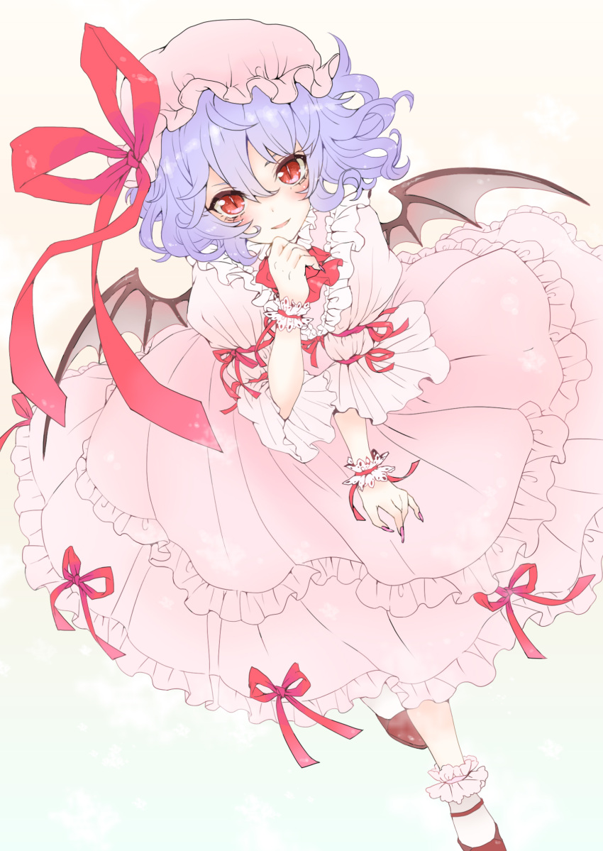 bat_wings blush dress hat highres lavender_hair looking_at_viewer parted_lips red_eyes remilia_scarlet slit_pupils smile solo touhou wings wrist_cuffs yutsumoe