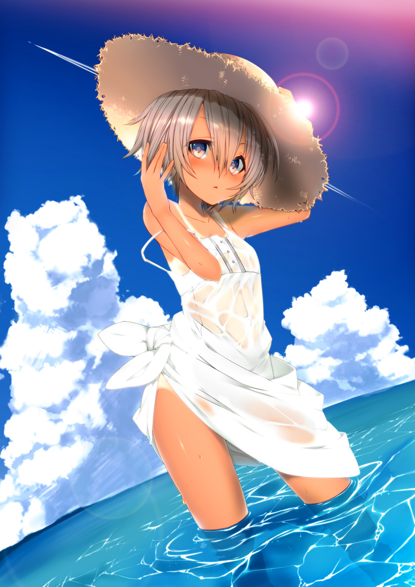 absurdres cloud clouds condensation_trail dress dutch_angle hat highres lens_flare original partially_submerged short_hair silver_eyes silver_hair skull.03 solo strap_slip straw_hat sundress sweat tan tanline water wet wet_clothes