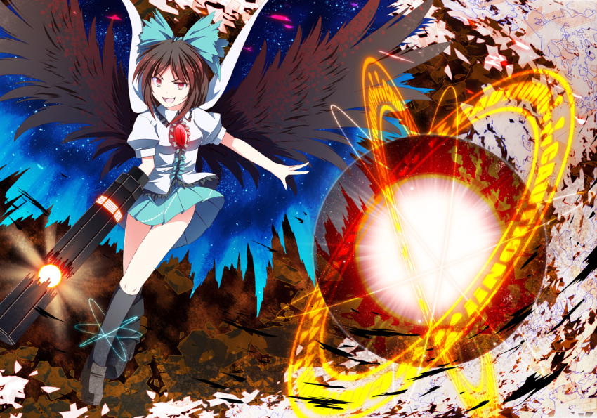 alternate_weapon arm_cannon black_wings bow brown_eyes brown_hair cape concrete energy_ball glowing glowing_weapon hair_bow highres reiuji_utsuho shirt skirt slit_pupils smile solo space third_eye touhou tri weapon wings