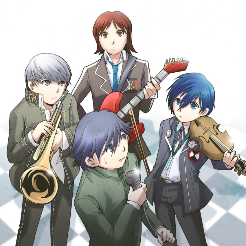 arisato_minato blue_eyes blue_hair brown_eyes brown_hair checkered checkered_floor dress_shirt grey_eyes guitar headphones headphones_around_neck highres instrument microphone multiple_boys narukami_yuu necktie persona persona_1 persona_2 persona_3 persona_4 school_uniform shirt silver_hair suou_tatsuya t0kiwa toudou_naoya trumpet violin