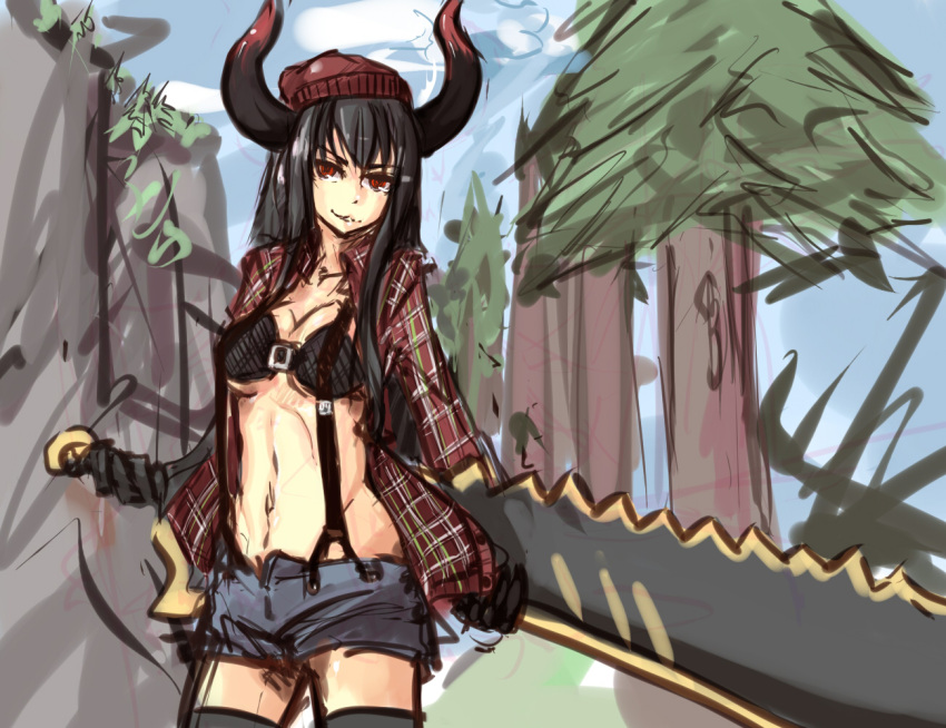 bikini_top black_gold_saw black_hair black_rock_shooter breasts colored hat horns huge_weapon long_hair lumberjack navel open_clothes open_shirt pan!ies plaid plaid_shirt red_eyes saw short_shorts shorts solo suspenders thigh-highs thighhighs under_boob underboob weapon zettai_ryouiki