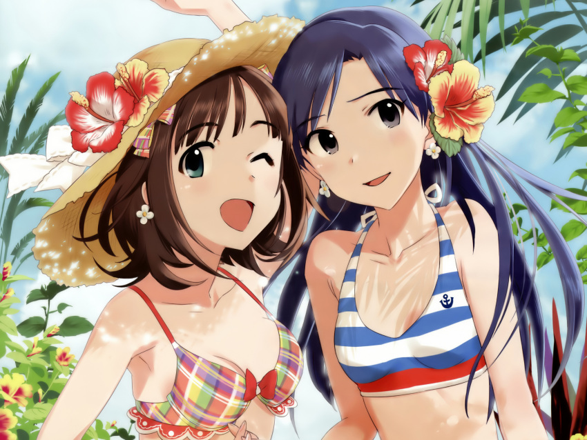 2girls amami_haruka annin_douhu bikini flower flowers idolmaster kisaragi_chihaya swimsuit wink