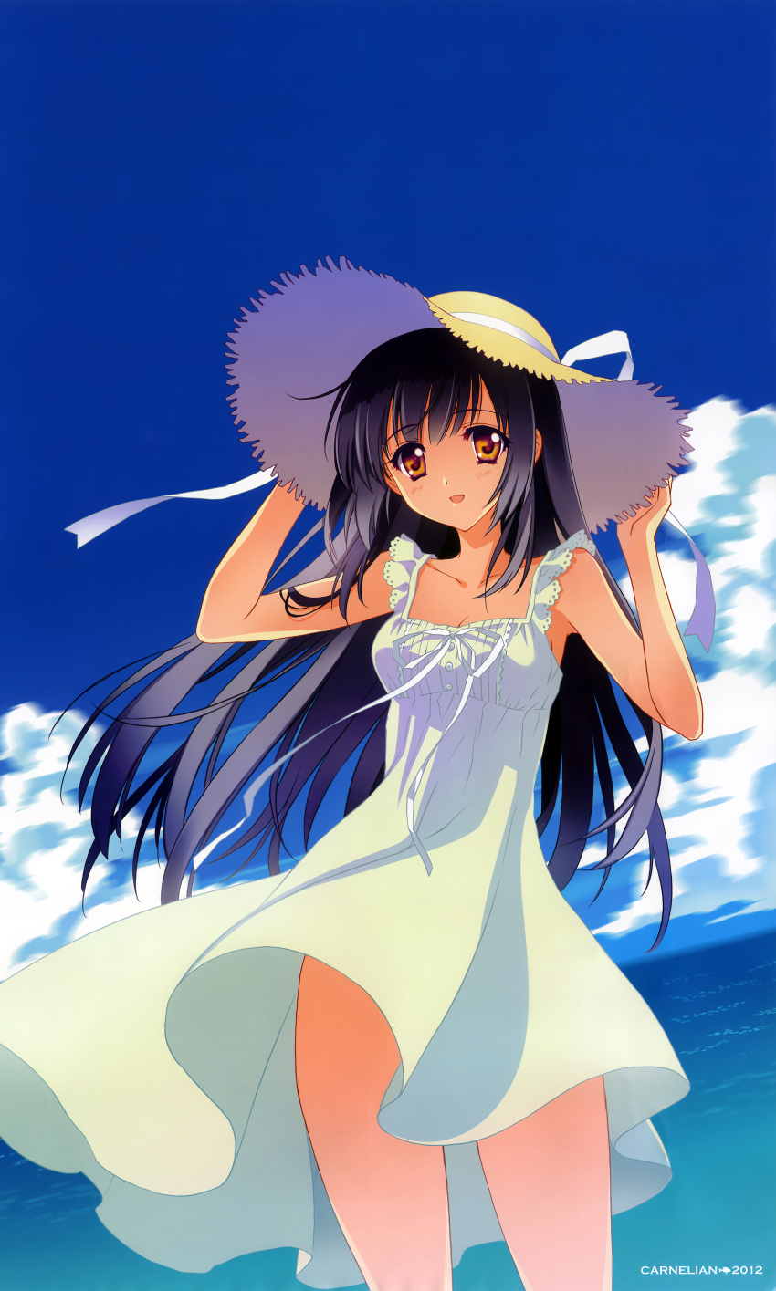 absurdres black_hair blue_sky breasts brown_eyes carnelian cleavage cloud clouds copyright_request dress dress_lift hat highres long_hair looking_at_viewer scan sky smile solo sun_hat sundress water white_dress
