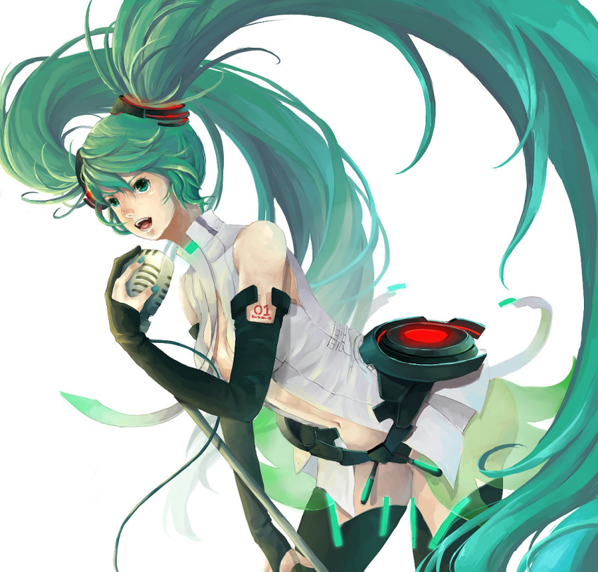 breasts bridal_gauntlets center_opening green_eyes green_hair hatsune_miku hatsune_miku_(append) long_hair microphone microphone_stand miku_append navel necktie open_mouth simple_background solo thigh-highs thighhighs twintails very_long_hair vocaloid vocaloid_append white_background yupi