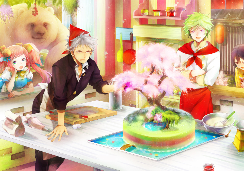 3boys :d :o bear black_hair blue_eyes bowl bridge cherry_blossoms cutting_board frying_pan green_hair hair_cubes hair_ornament hand_on_own_face highres icing jar multiple_boys open_mouth original pink_hair purple_eyes rolling_pin silver_hair smile sweatdrop tiahszld tree twintails violet_eyes water whisk