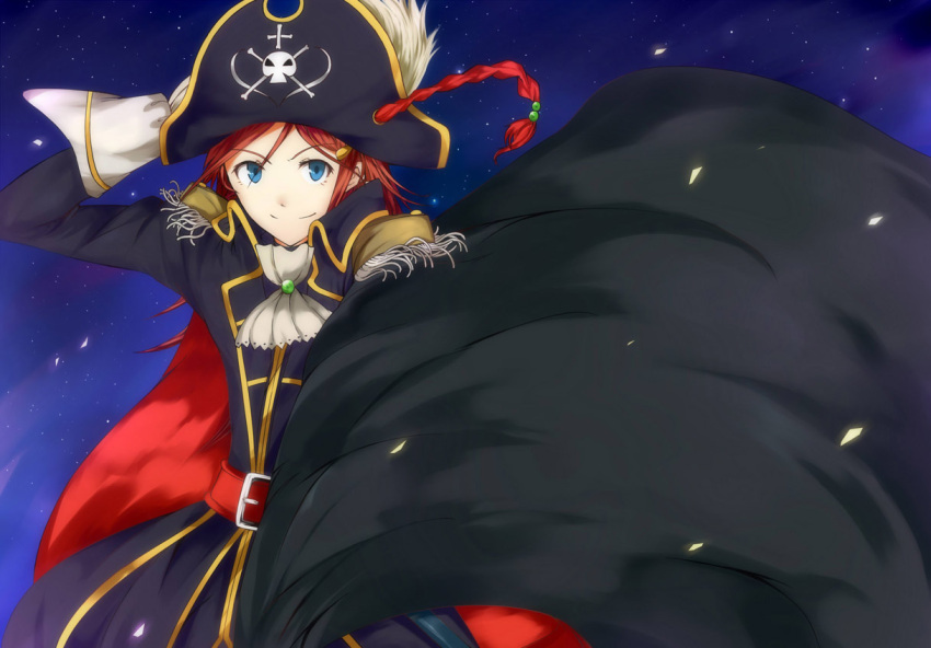 adjusting_hat artist_request belt blue_eyes cravat epaulettes hair_ornament hairclip hat hat_feather katou_marika long_hair miniskirt_pirates pirate pirate_hat red_hair redhead skull_and_crossbones sky smile solo star_(sky) starry_sky