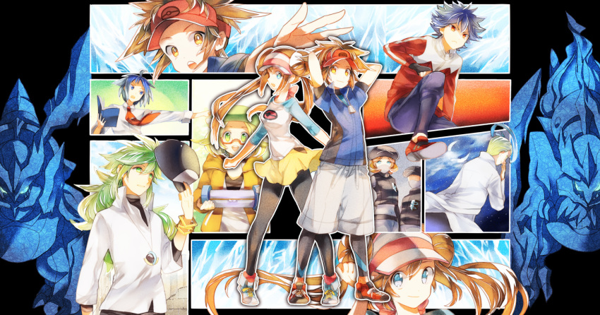 akuroma_(pokemon) baseball_cap bel_(pokemon) blonde_hair blue_eyes blue_hair book brown_eyes brown_hair cheren_(pokemon) cloud clouds crescent_moon double_bun female_protagonist_(pokemon_bw2) fingerless_gloves fushitasu glasses gloves gradient_hair green_eyes green_hair hat hat_removed headwear_removed hue_(pokemon) ice jewelry kyouhei_(pokemon) kyurem leggings male_protagonist_(pokemon_bw2) mask mei_(pokemon) moon multicolored_hair n_(pokemon) necklace necktie night night_sky pantyhose pokemon pokemon_(creature) pokemon_(game) pokemon_bw2 raglan_sleeves rival_(pokemon_bw2) skirt sky team_plasma twintails visor_cap