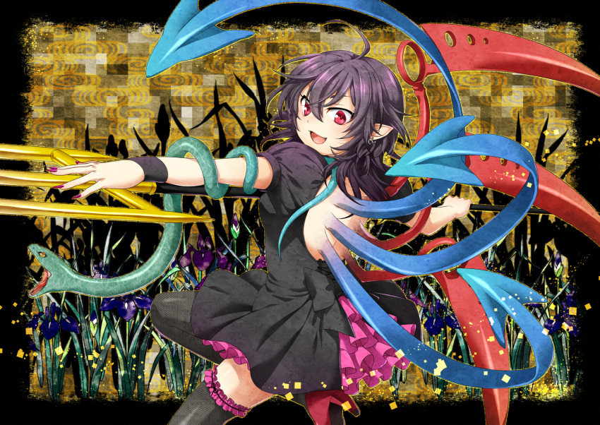 ahoge asymmetrical_wings bad_id black_hair black_legwear dress earrings fangs flower frills from_behind high_heels highres houjuu_nue jewelry kuronohana open_mouth pointy_ears polearm red_eyes shoes short_hair smile snake solo thigh-highs thighhighs touhou trident weapon wings zettai_ryouiki