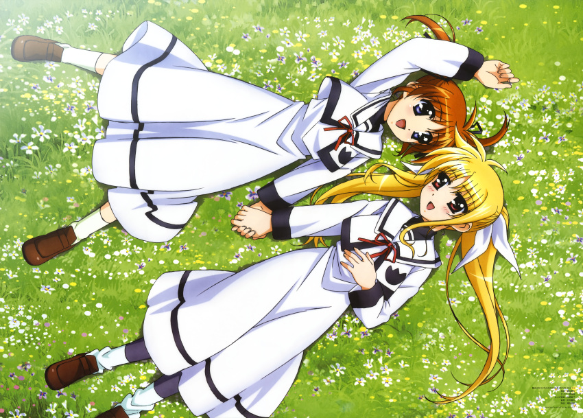 2girls absurdres blonde_hair blue_eyes brown_hair fate_testarossa highres holding_hands long_hair lying lyrical_nanoha mahou_shoujo_lyrical_nanoha mahou_shoujo_lyrical_nanoha_a's mahou_shoujo_lyrical_nanoha_the_movie_2nd_a's multiple_girls official_art on_back pantyhose purple_eyes red_eyes school_uniform short_twintails socks takamachi_nanoha twintails very_long_hair