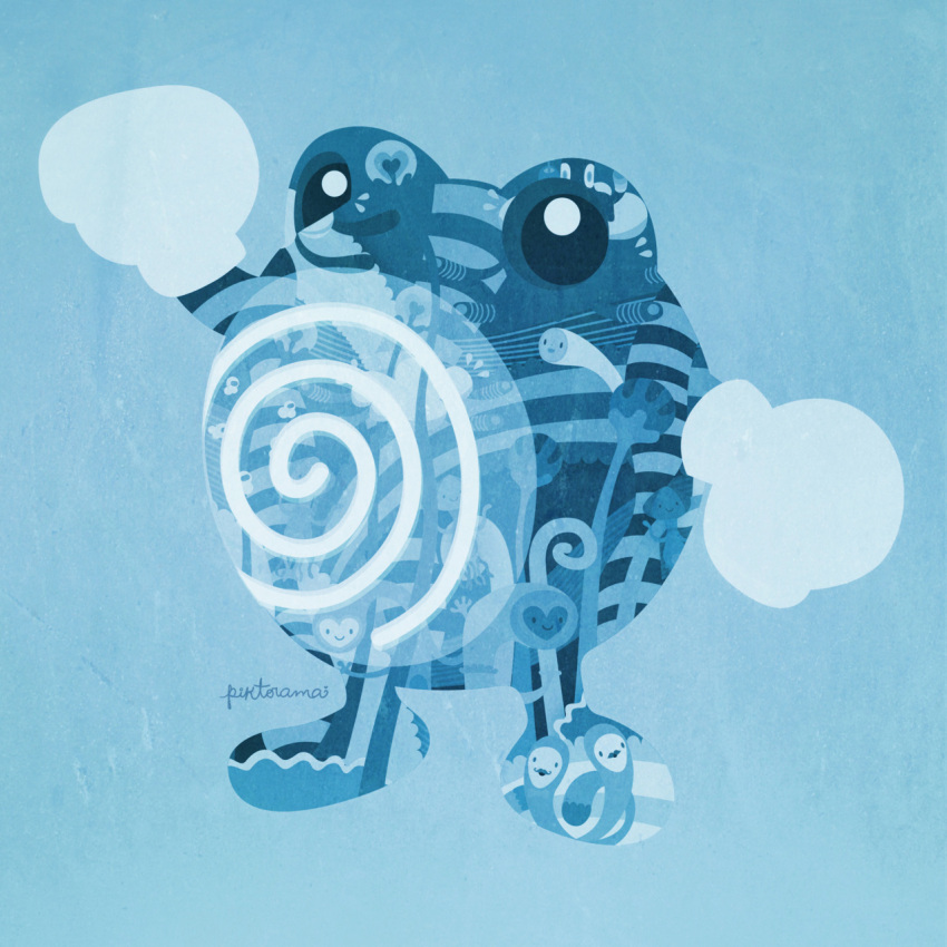 blue_background highres no_humans piktorama pokemon poliwhirl signature smile solo standing