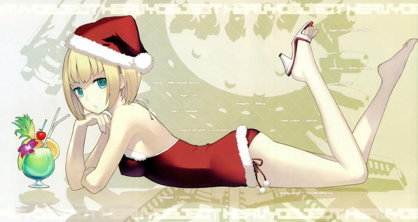 absurdres bare_shoulders barefoot blonde_hair chin_rest dress erect_nipples feet green_eyes hat heavy_object high_heels highres looking_at_viewer lying milinda_brantini minidress nagi_ryou on_stomach open_shoes panties parted_lips red_dress red_panties santa_costume santa_hat shoes short_hair side-tie_panties single_shoe solo strapless_dress underwear