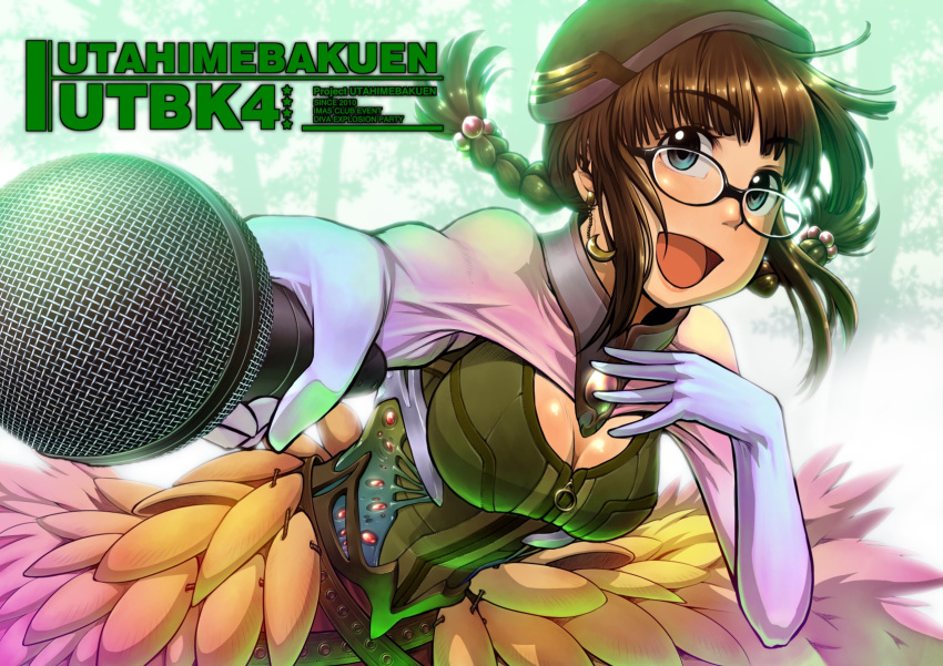 akizuki_ritsuko antenna_hair blue_eyes blush braid breasts brown_hair center_opening chiaki_rakutarou cleavage earrings elbow_gloves foreshortening glasses gloves hair_bobbles hair_ornament hat highres idolmaster jewelry microphone open_mouth outstretched_arm short_hair smile solo twin_braids