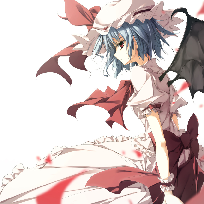 absurdres bat_wings blue_hair dress hat highres mac-kine red_eyes remilia_scarlet short_hair simple_background solo touhou white_background wings wrist_cuffs