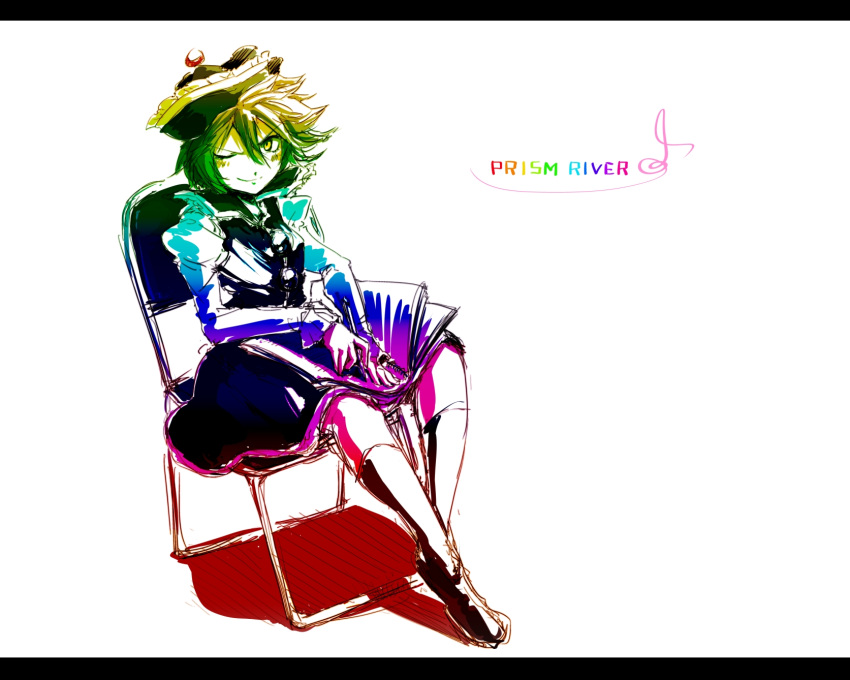 1girl blush book chair character_name crescent harusame_(unmei_no_ikasumi) hat highres letterboxed lunasa_prismriver notebook pen rainbow_gradient rough simple_background sitting smile solo touhou white_background wink yellow_eyes